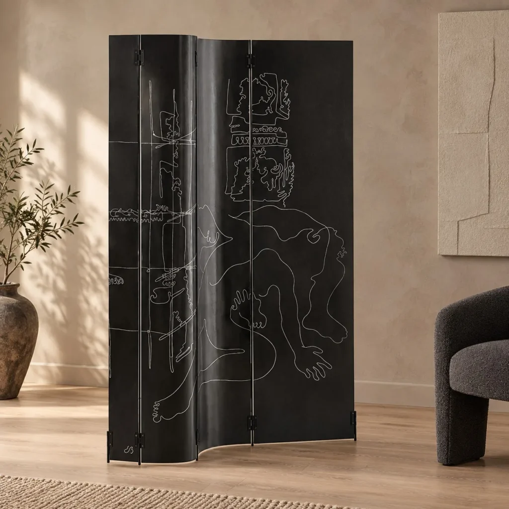 Black Three-Panel Screen with Etched Figure Drawing in black — front view