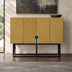 Mid-Century Mustard Leather-Front Cabinet on Black Metal Frame — front view