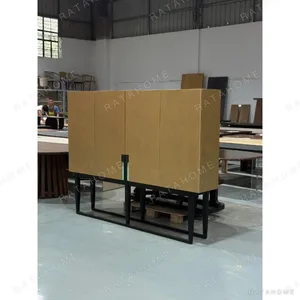 Mid-Century Mustard Leather-Front Cabinet in mustard — in a room setting