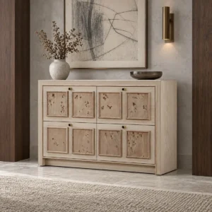 Mid-Century Burl Panel Cabinet in Natural Unfinished Wood — front view