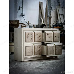 Mid-Century Burl Panel Cabinet in Natural Unfinished Wood — in a room setting