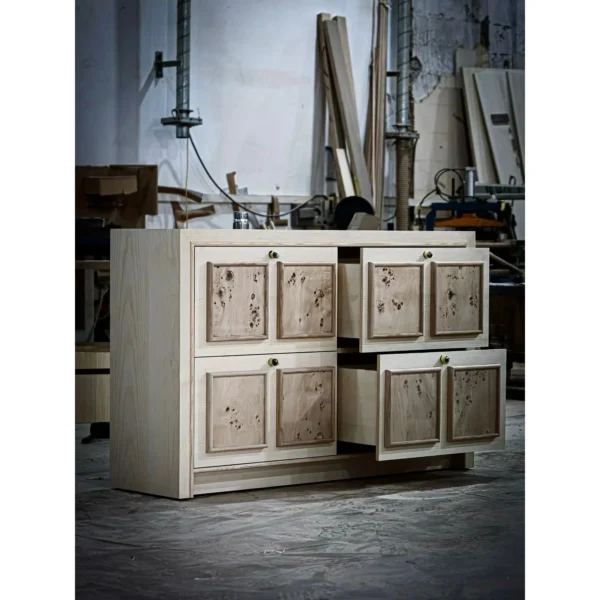 Mid-Century Burl Panel Cabinet in Natural Unfinished Wood — in a room setting
