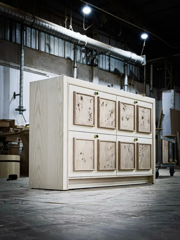 Mid-Century Burl Panel Cabinet in Natural Unfinished Wood — in a room setting