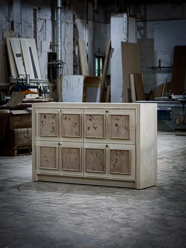 Mid-Century Burl Panel Cabinet in Natural Unfinished Wood — in a room setting