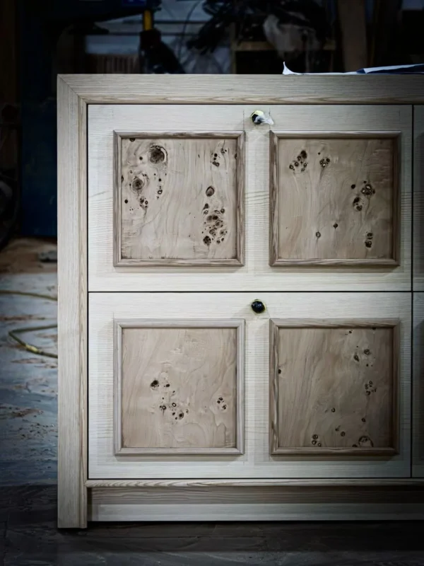 Mid-Century Burl Panel Cabinet in Natural Unfinished Wood — detail