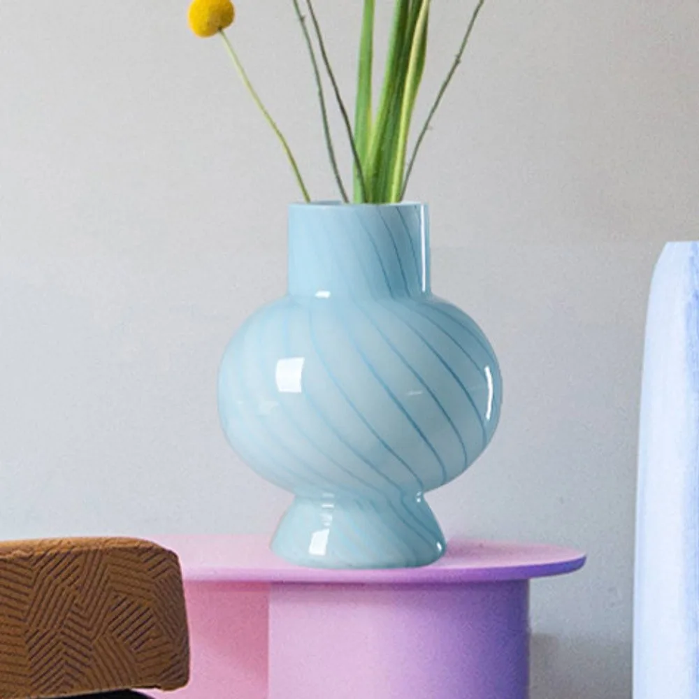 Mid-Century Striped Glass Vases in Blue and Grey — front view