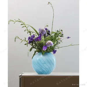 Mid-Century Striped Glass Vases in Blue and Grey — in a room setting