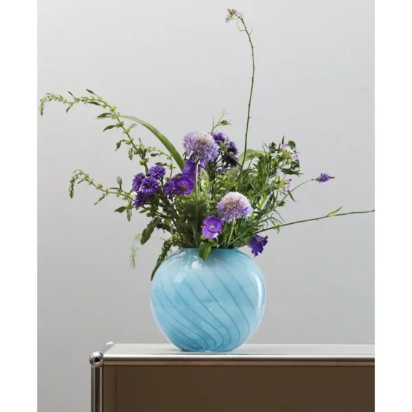 Mid-Century Striped Glass Vases in Blue and Grey — in a room setting