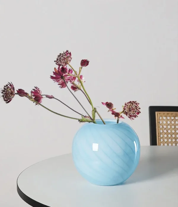 Mid-Century Striped Glass Vases in Blue and Grey — in a room setting