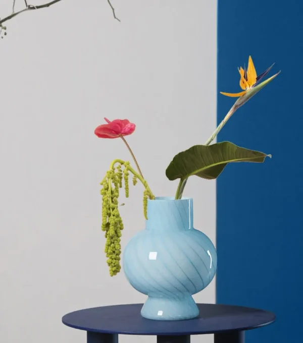 Mid-Century Striped Glass Vases in Blue and Grey — in a room setting