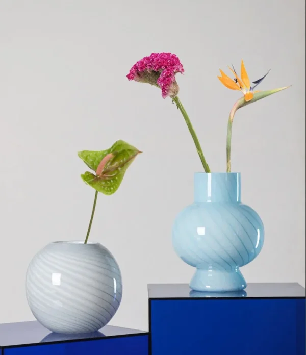 Mid-Century Striped Glass Vases in Blue and Grey — in a room setting