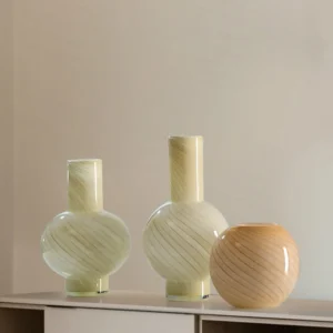 Mid-Century Striped Gourd Glass Vases in Cream Yellow — front view