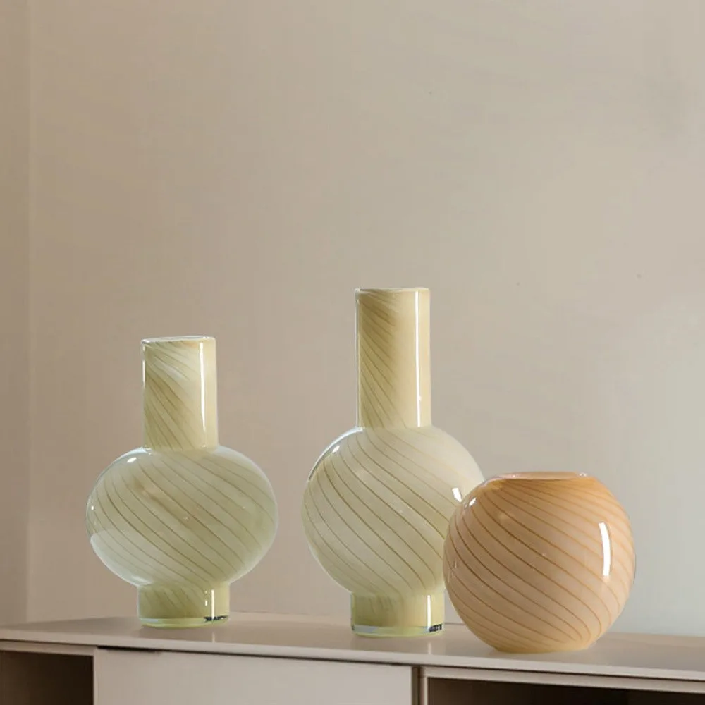 Mid-Century Striped Gourd Glass Vases in Cream Yellow — front view