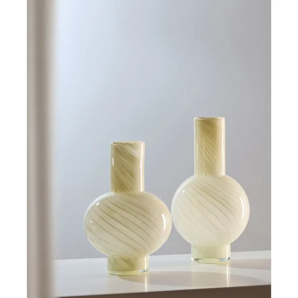 Mid-Century Striped Gourd Glass Vases in Cream Yellow — in a room setting