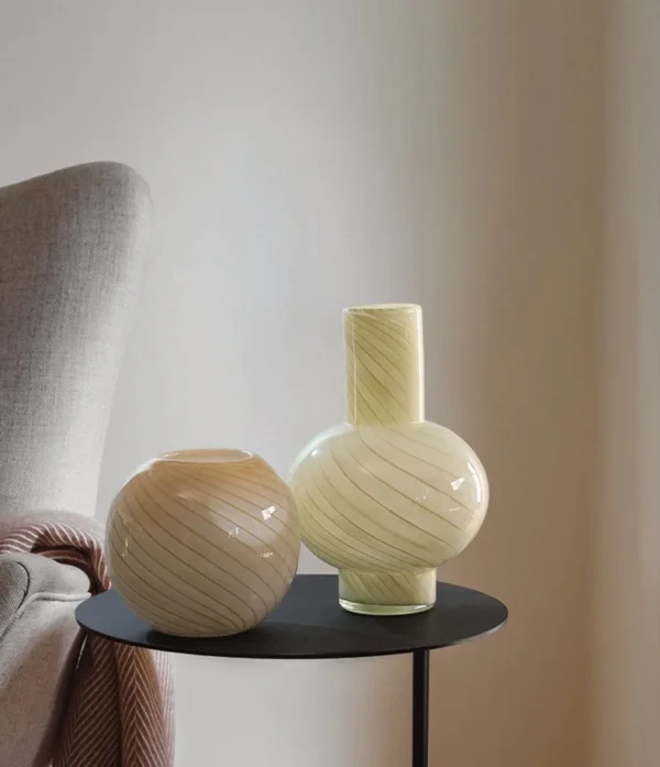 Mid-Century Striped Gourd Glass Vases in Cream Yellow — in a room setting