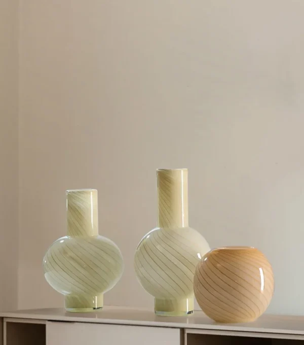 Mid-Century Striped Gourd Glass Vases in Cream Yellow — in a room setting