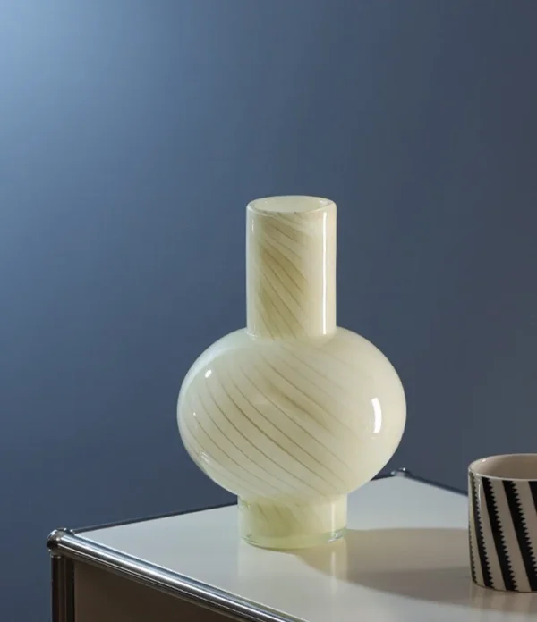 Mid-Century Striped Gourd Glass Vases in Cream Yellow — in a room setting