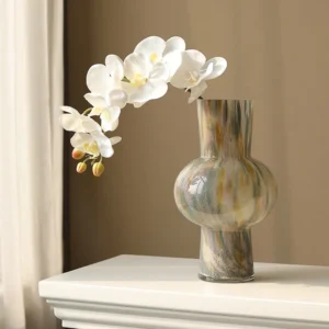 Mid-Century Marbled Glass Tall Vase with Flared Rim, Medium in oatmeal — front view