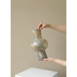 Mid-Century Marbled Glass Tall Vase with Flared Rim, Medium in oatmeal — in a room setting