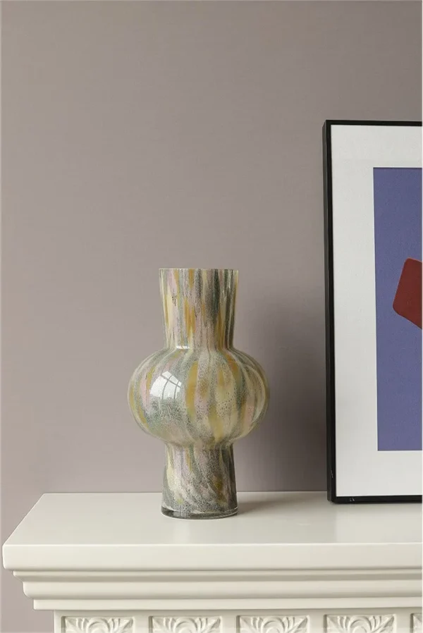 Mid-Century Marbled Glass Tall Vase with Flared Rim, Medium in oatmeal — in a room setting