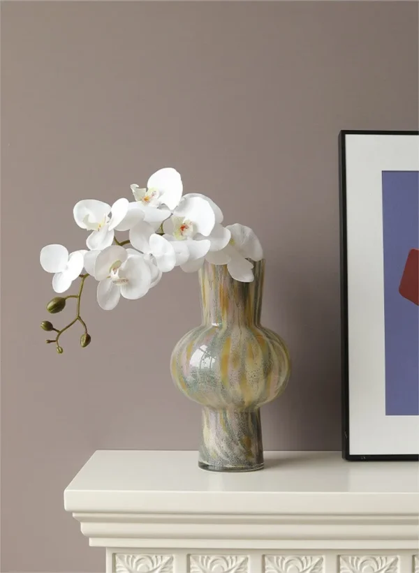 Mid-Century Marbled Glass Tall Vase with Flared Rim, Medium in oatmeal — in a room setting