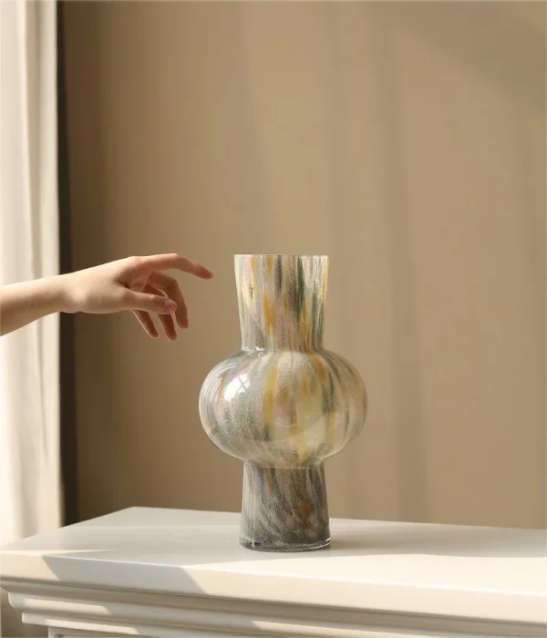 Mid-Century Marbled Glass Tall Vase with Flared Rim, Medium in oatmeal — in a room setting
