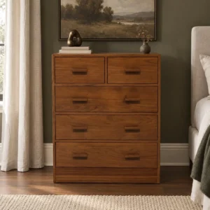 Mid-Century Burmese Teak Chest of Drawers in clay — front view