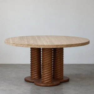 Mid-Century Travertine Round Table on Twisted Wood Columns in oatmeal — front view