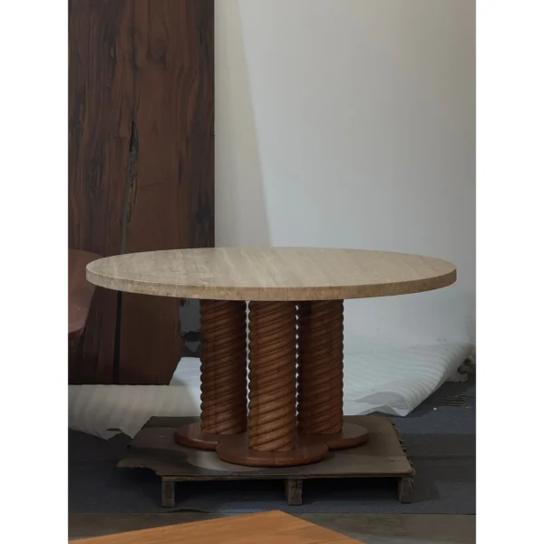 Mid-Century Travertine Round Table on Twisted Wood Columns in oatmeal — in a room setting