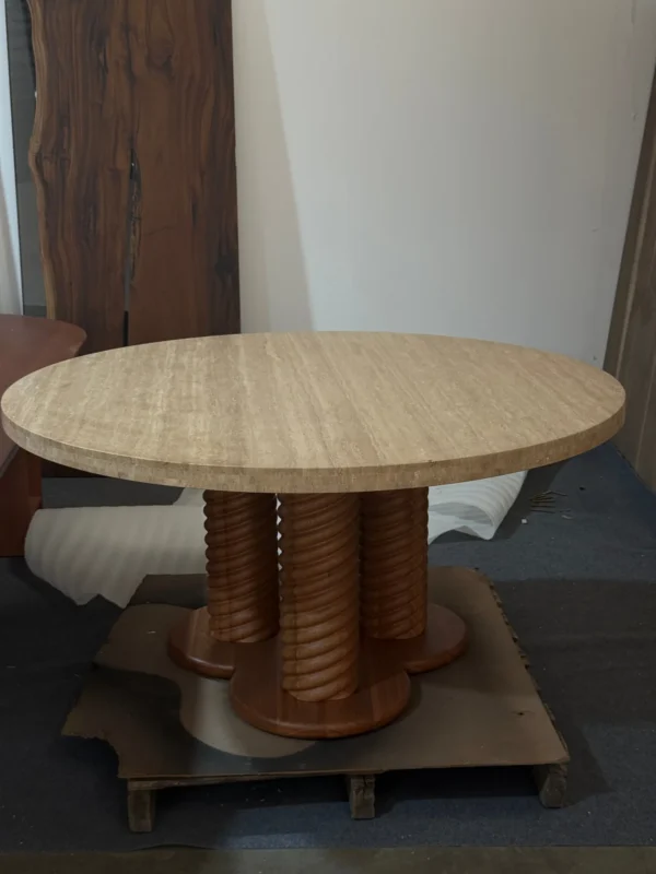 Mid-Century Travertine Round Table on Twisted Wood Columns in oatmeal — detail