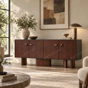 Mid-Century Burl Veneer Entryway Cabinet with Sculpted Pulls in clay — in a room setting
