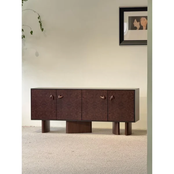 Mid-Century Burl Veneer Entryway Cabinet with Sculpted Pulls in clay — in a room setting