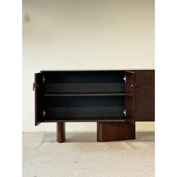 Mid-Century Burl Veneer Entryway Cabinet with Sculpted Pulls in clay — in a room setting