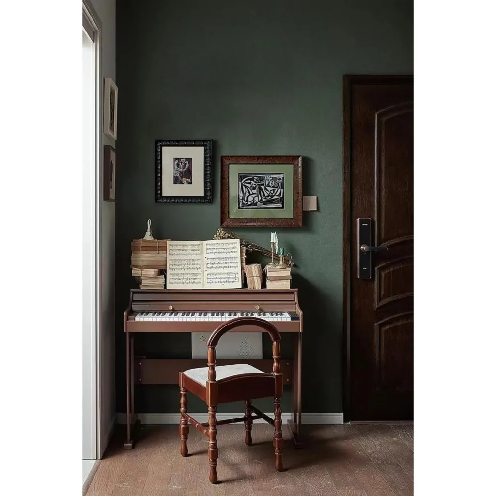 Mid-Century Wall Art Set of 2 in Brown and Green Frames — in a room setting