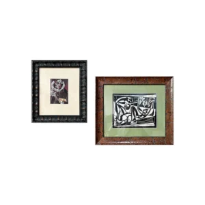 Mid-Century Wall Art Set of 2 in Brown and Green Frames — in a room setting