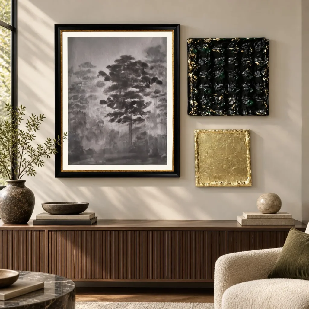 Mid-Century Wall Art Set of 3 with Ink Tree and Gold Panel in black — front view