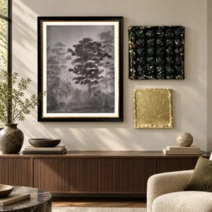 Mid-Century Wall Art Set of 3 with Ink Tree and Gold Panel in black — front view