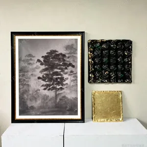 Mid-Century Wall Art Set of 3 with Ink Tree and Gold Panel in black — in a room setting
