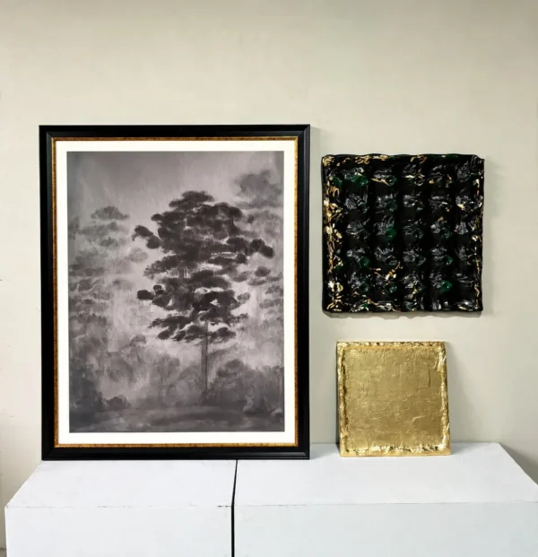 Mid-Century Wall Art Set of 3 with Ink Tree and Gold Panel in black — in a room setting