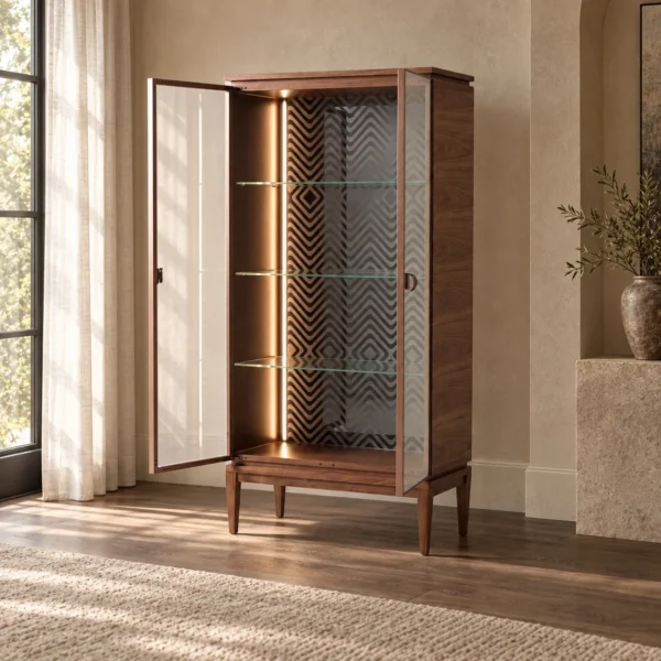 Walnut Glass-Door Display Wine Cabinet with LED Lighting in walnut — in a room setting
