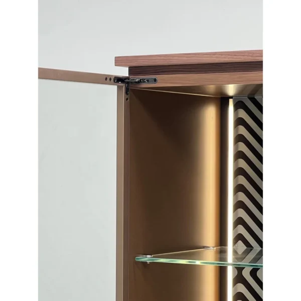 Walnut Glass-Door Display Wine Cabinet with LED Lighting in walnut — in a room setting