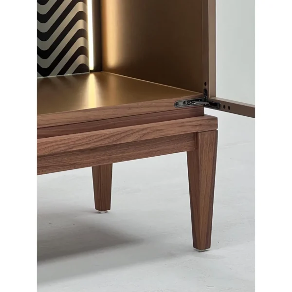 Walnut Glass-Door Display Wine Cabinet with LED Lighting in walnut — in a room setting