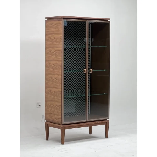 Walnut Glass-Door Display Wine Cabinet with LED Lighting in walnut — in a room setting