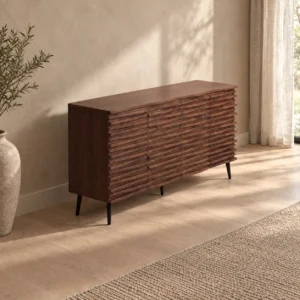 Mid-Century Walnut Louvred Multi-Drawer Entryway Cabinet in walnut — in a room setting