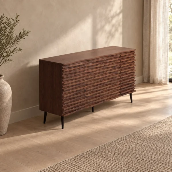 Mid-Century Walnut Louvred Multi-Drawer Entryway Cabinet in walnut — in a room setting
