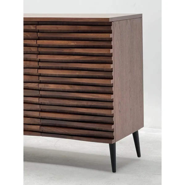 Mid-Century Walnut Louvred Multi-Drawer Entryway Cabinet in walnut — in a room setting