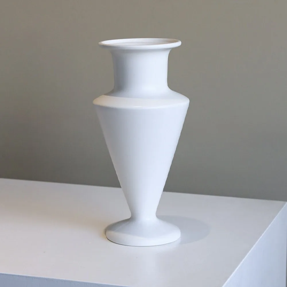 Mid-Century White Ceramic Vase with Inverted Cone Body in ivory — front view