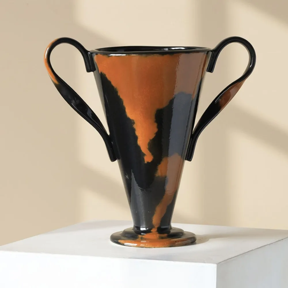 Twin-Handle Ceramic Amphora Vase in Orange and Black Glaze — front view