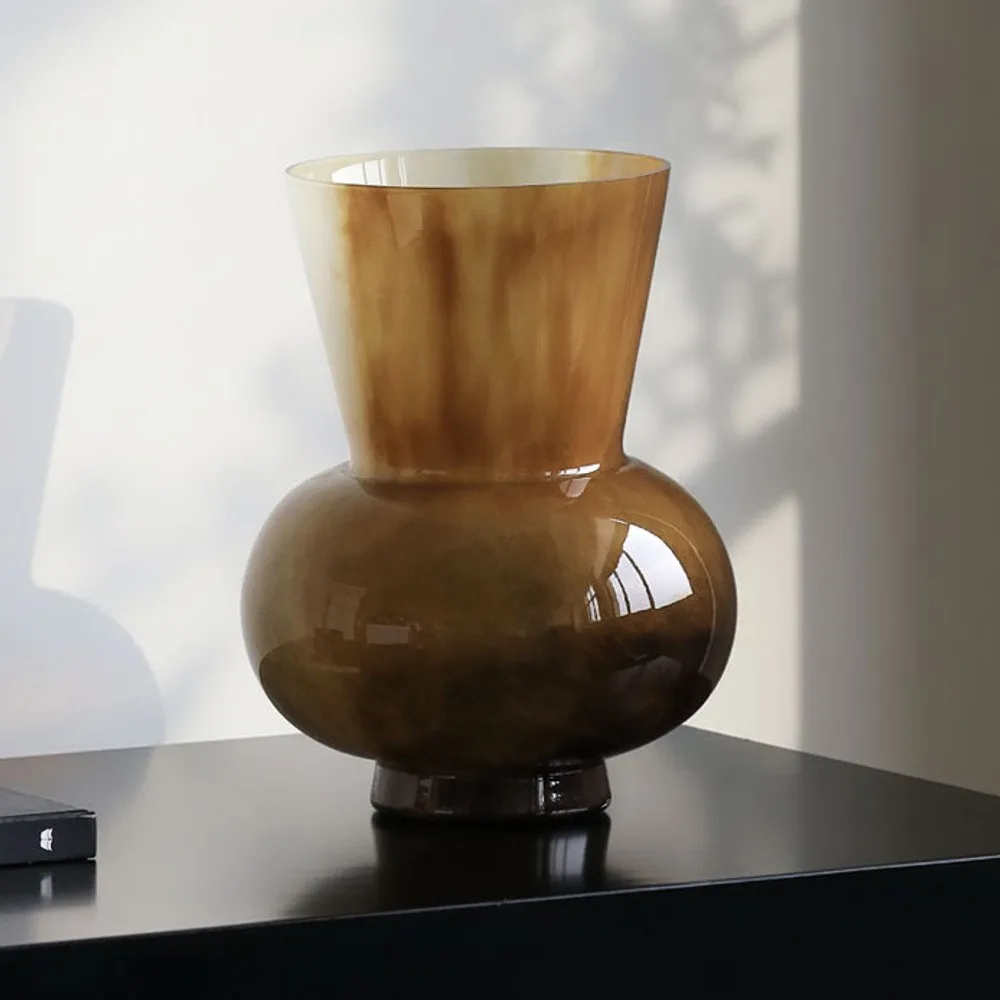 Amber Glass Wide-Mouth Vase with Bulbous Base in clay — front view