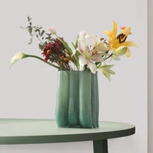 Emerald Pleated Wide-Mouth Glass Vase, Large or Small in olive — front view